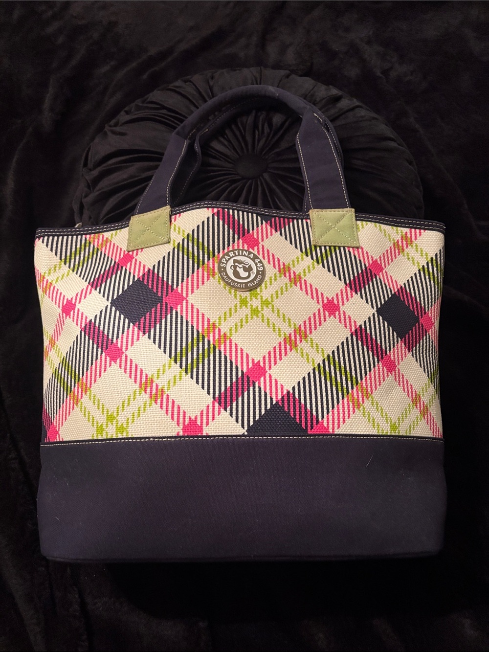 Spartina 449 Plaid Tote in Navy, Pink & Lime